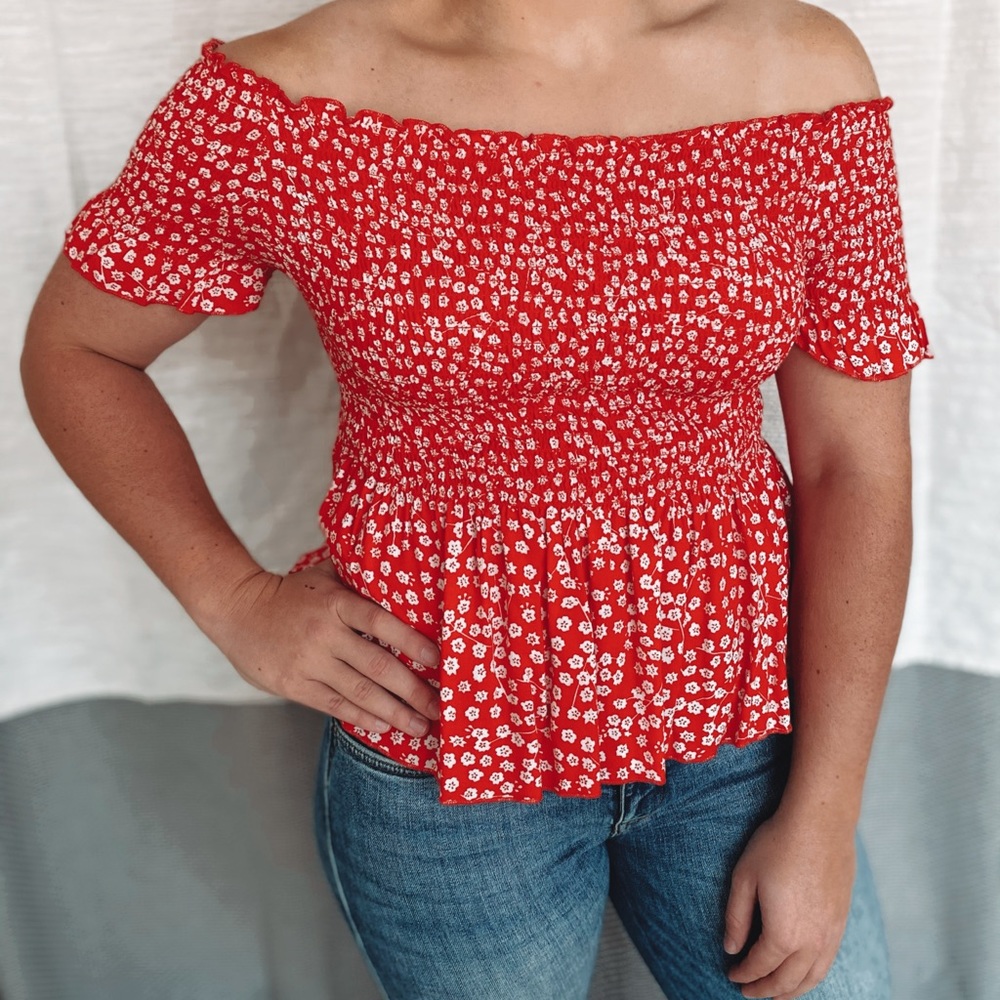 Off-shoulder red and white crop top